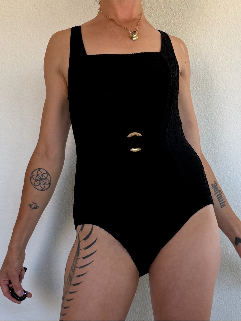 Vintage Jantzen Black Textured Square-Neck One-Piece Gold Accent Swimsuit